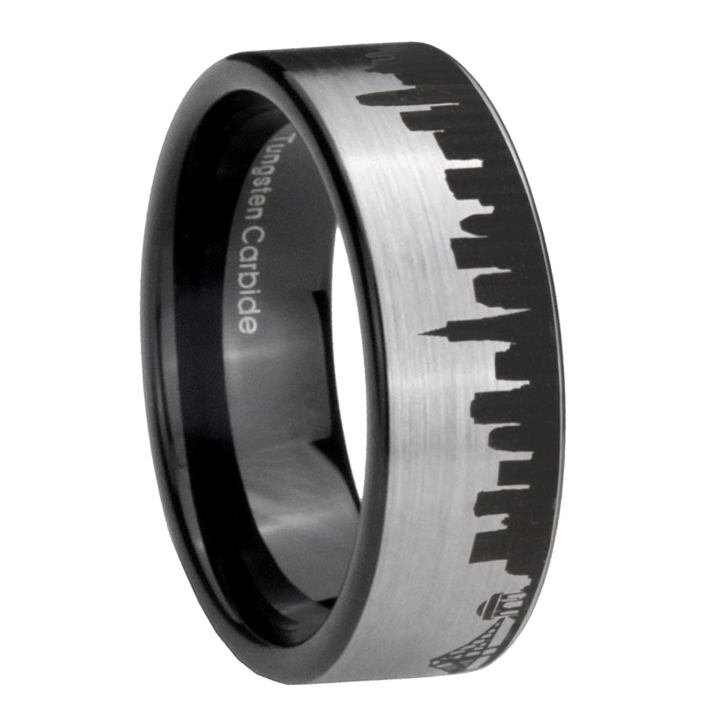8MM CA San Francisco City Pipe Cut Gray Tungsten Black Ring