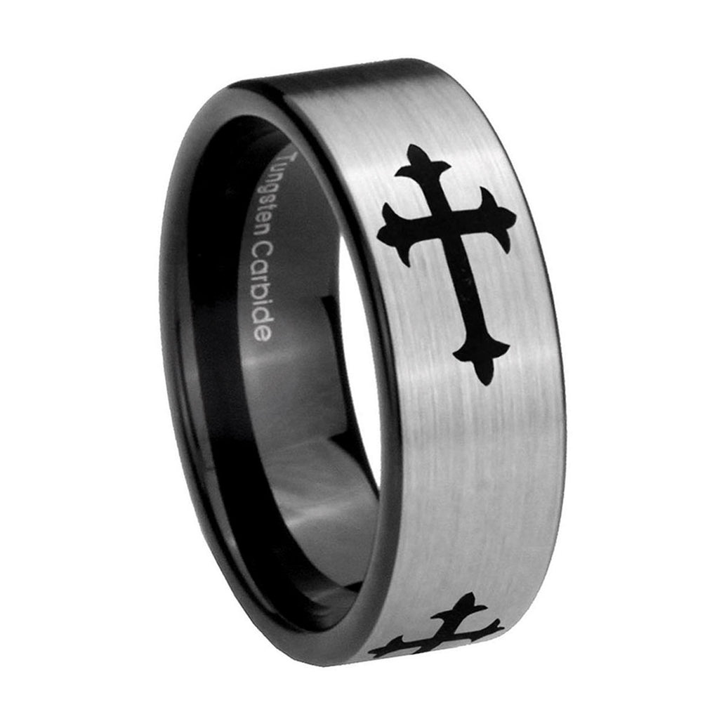 8mm Christian Cross Religious Pipe Cut Silver Tungsten Ring
