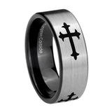 8mm Christian Cross Religious Pipe Cut Brushed Silver Tungsten Custom Ring for Men