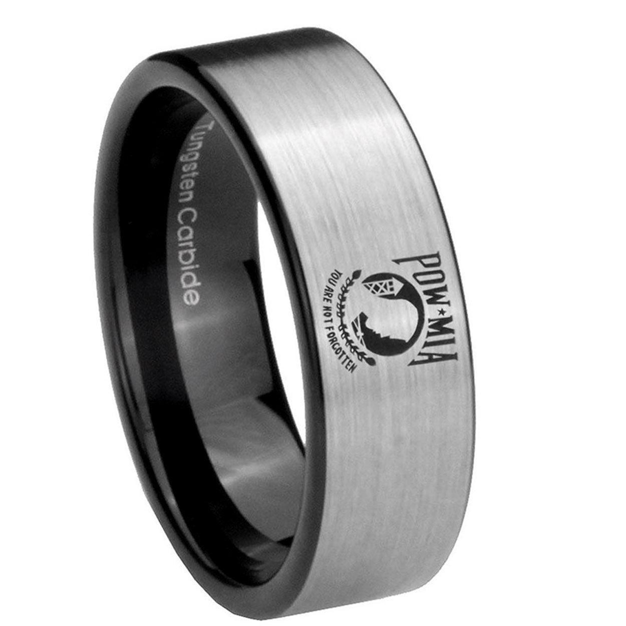 8mm Military Pow Pipe Cut Brushed Silver Tungsten Ring