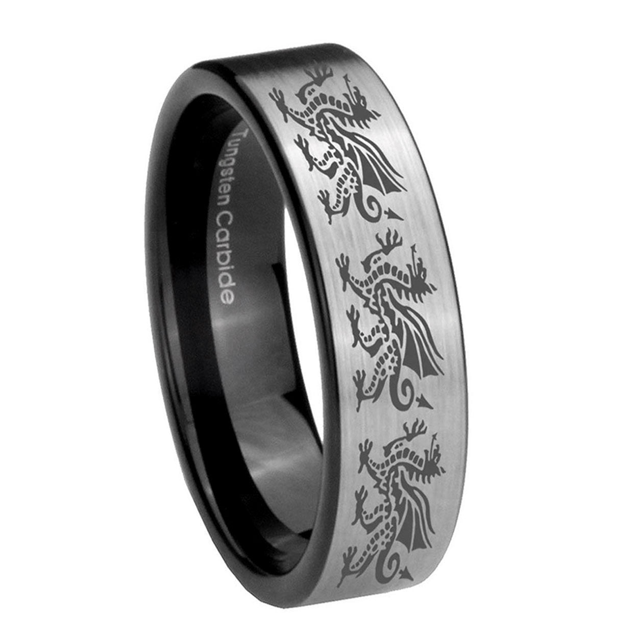 8mm Multiple Dragon Pipe Cut Brushed Silver Tungsten Ring
