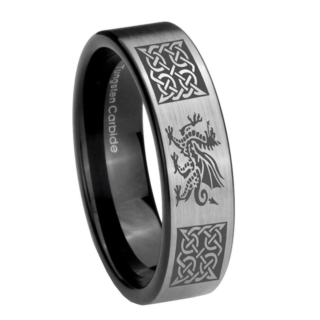8mm Multiple Dragon Celtic Pipe Cut Silver Tungsten Ring