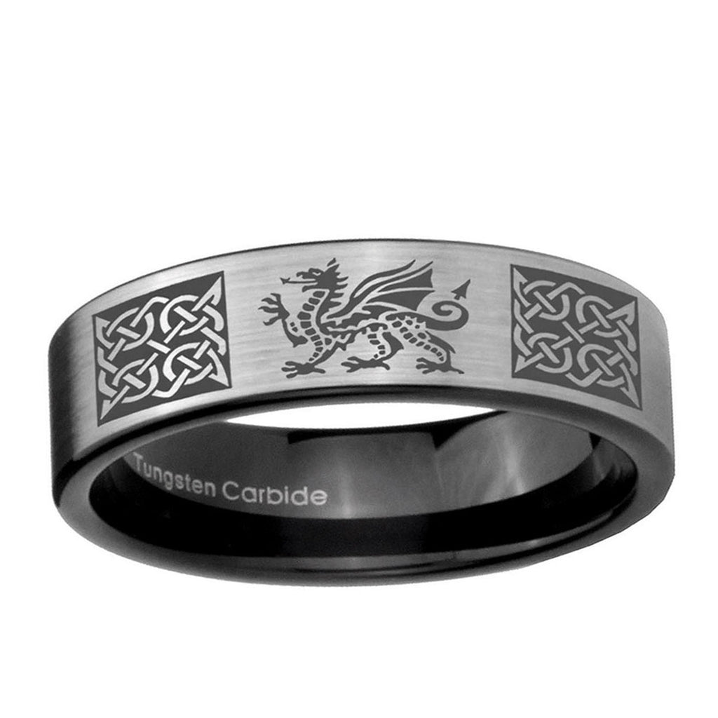 6mm Multiple Dragon Celtic Pipe Cut Silver Tungsten Ring