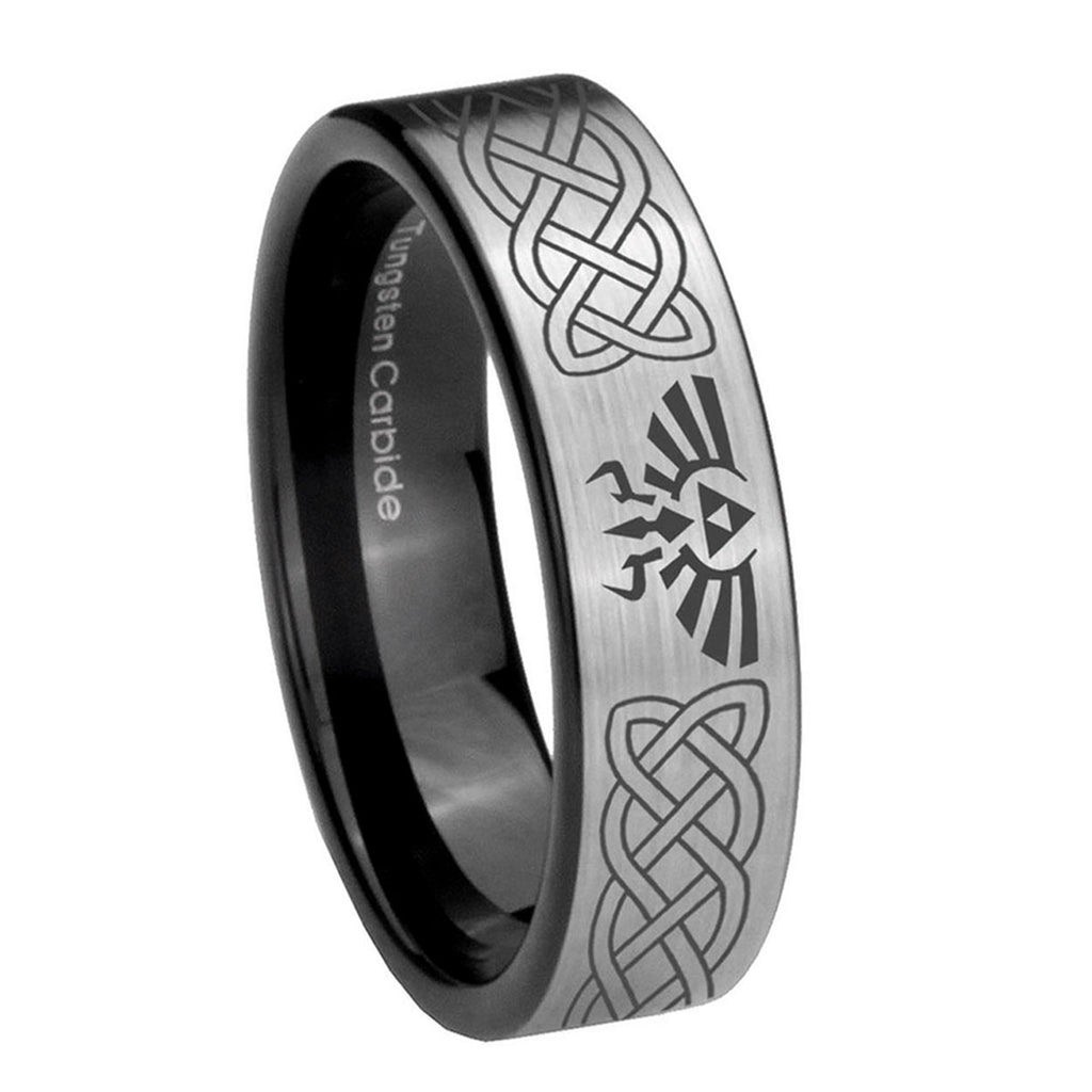 8mm Celtic Zelda Pipe Cut Brushed Silver Tungsten Ring