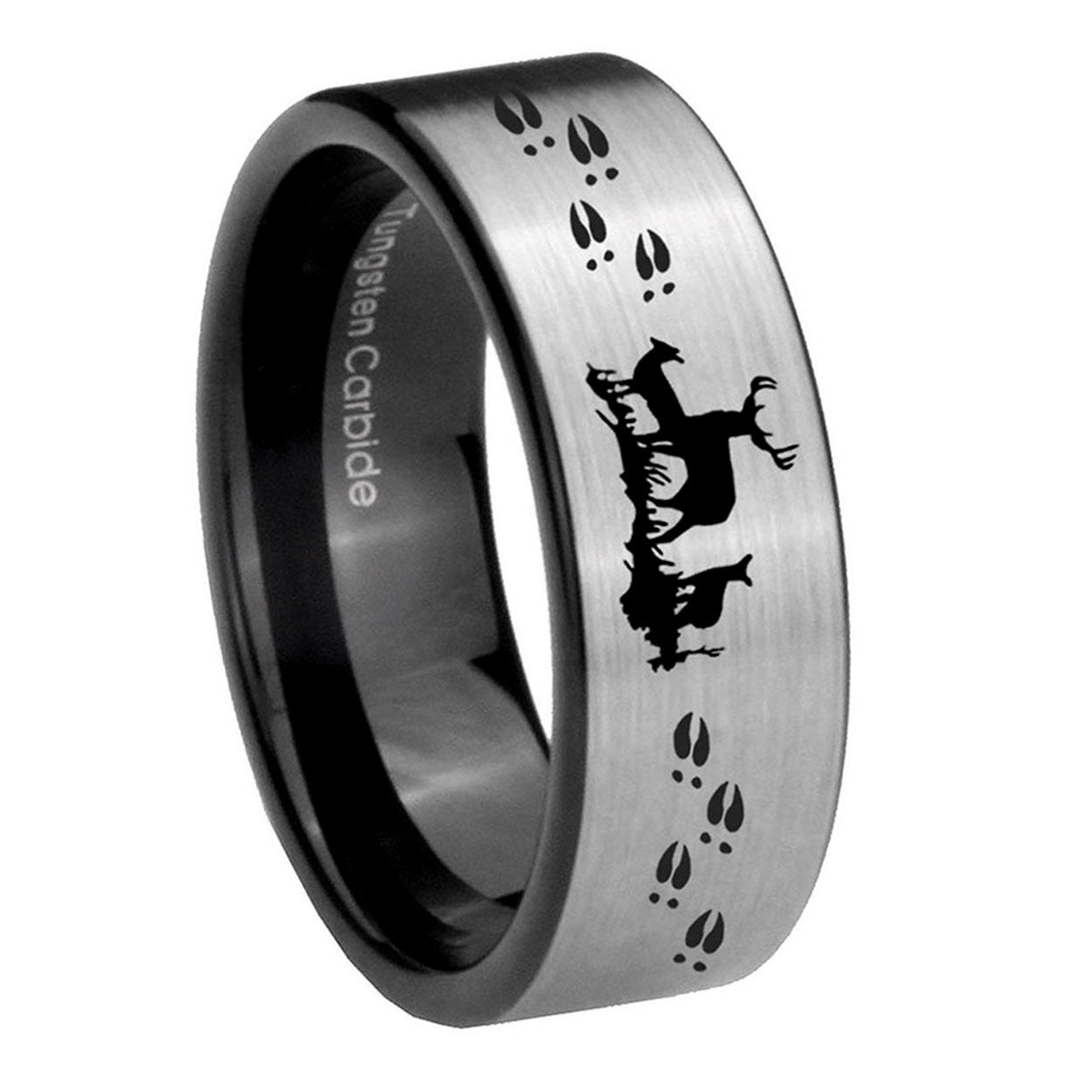 8mm Deer Hunting Pipe Cut Brushed Silver Tungsten Ring