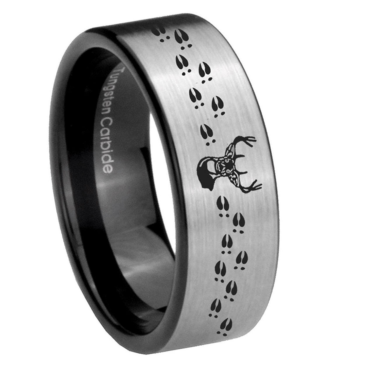 8mm Deer Antler Pipe Cut Brushed Silver Tungsten Ring