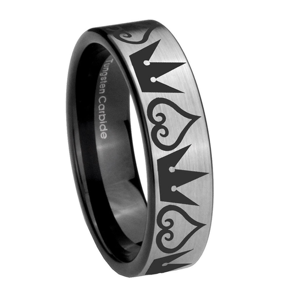 8mm Hearts Crowns Pipe Cut Brushed Silver Tungsten Ring