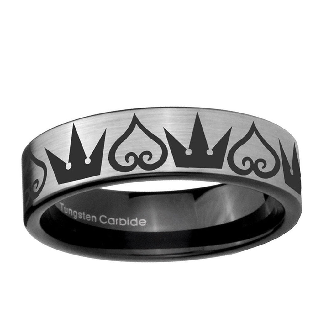 6mm Hearts Crowns Pipe Cut Brushed Silver Tungsten Ring