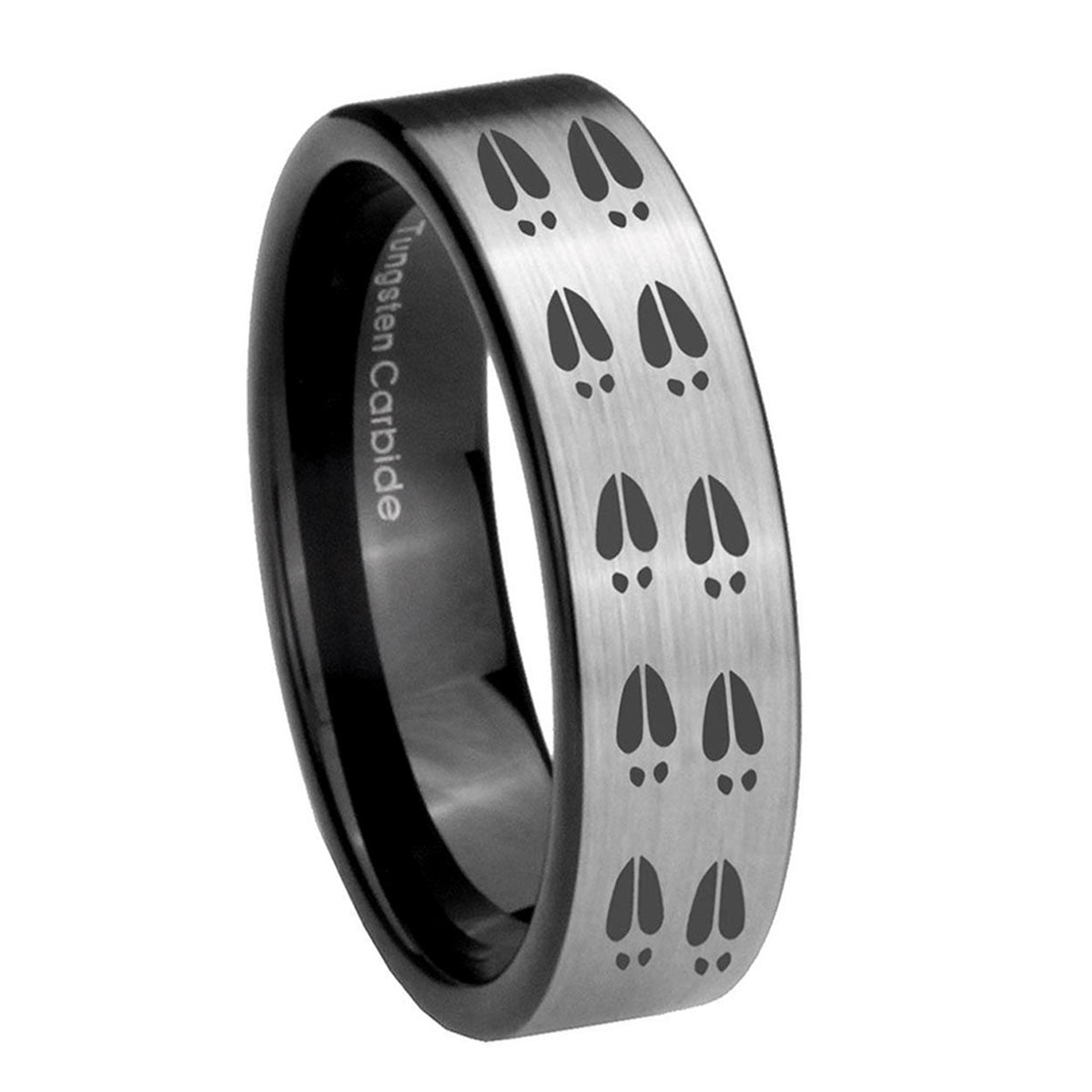 8mm Deer Tracks Pipe Cut Brushed Silver Tungsten Mens Ring