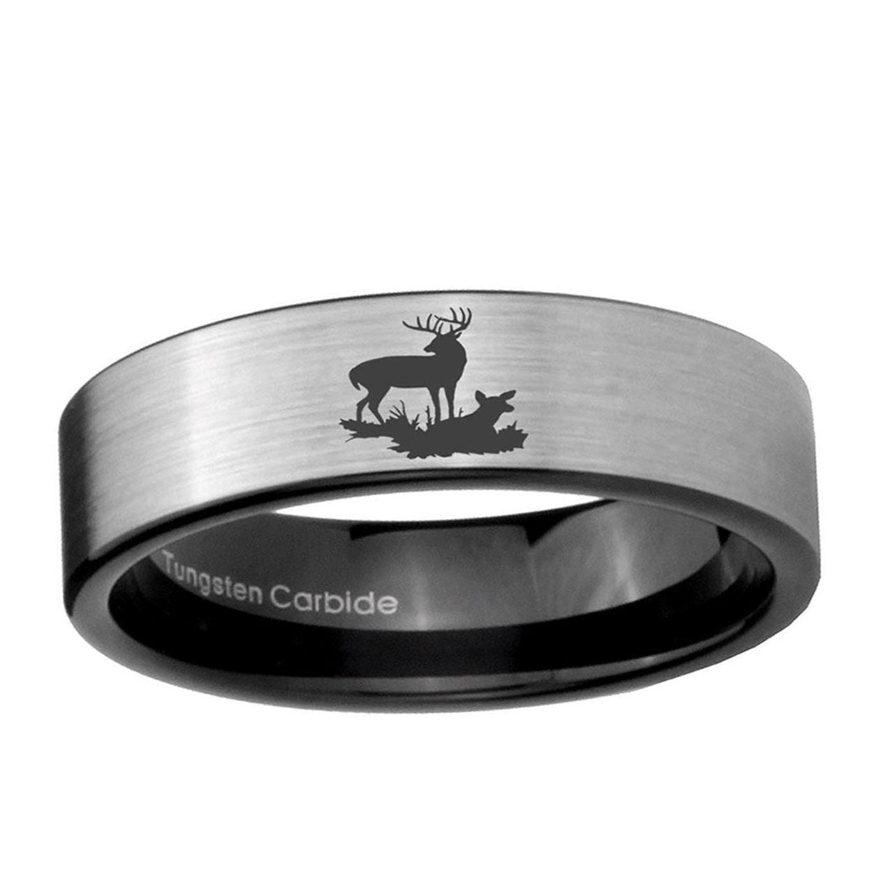 6mm Deer Hunting Pipe Cut Brushed Silver Tungsten Band