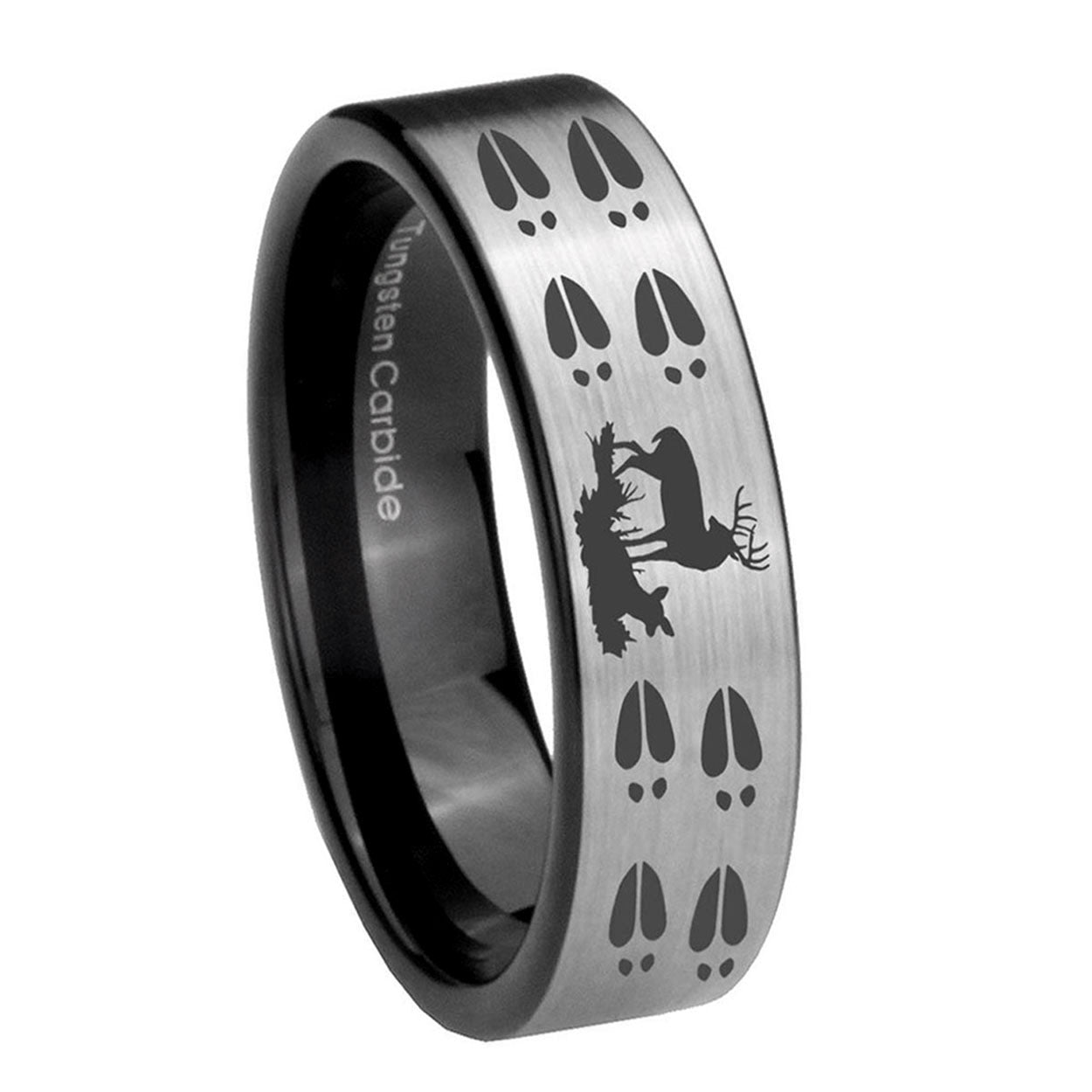 8mm Deer Hunting Tracks Pipe Cut Brushed Silver Tungsten Band