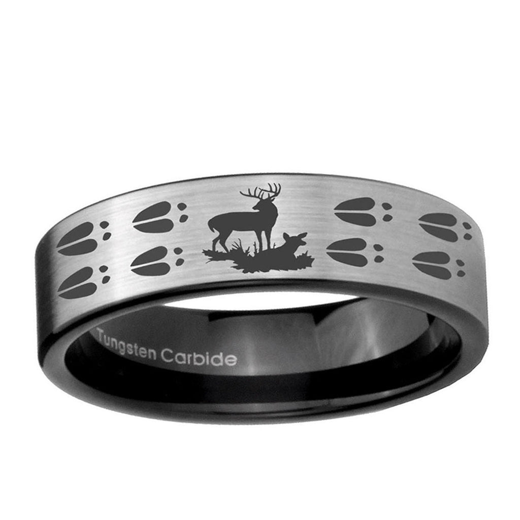 6mm Deer Hunting Tracks Pipe Cut Brushed Silver Tungsten Band
