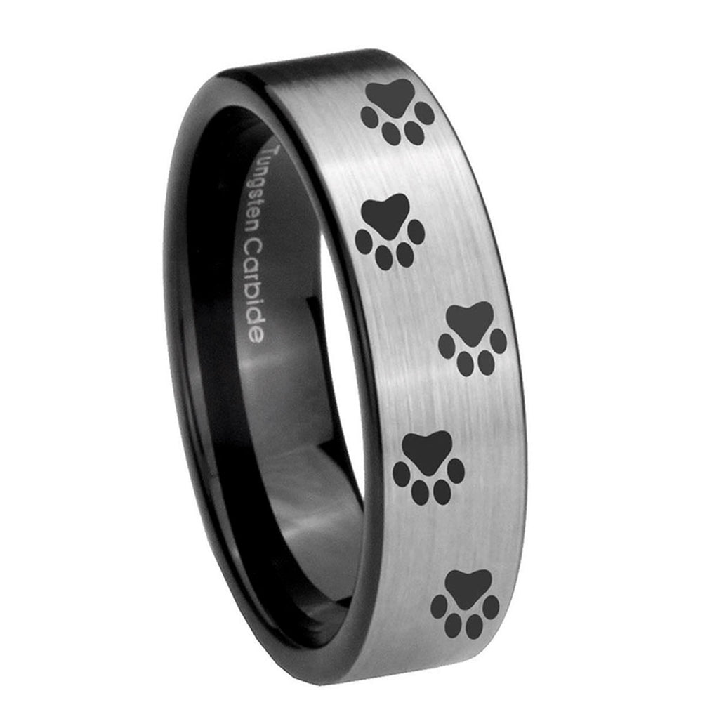 8mm Paw Print Pipe Cut Brushed Silver Tungsten Promised Band