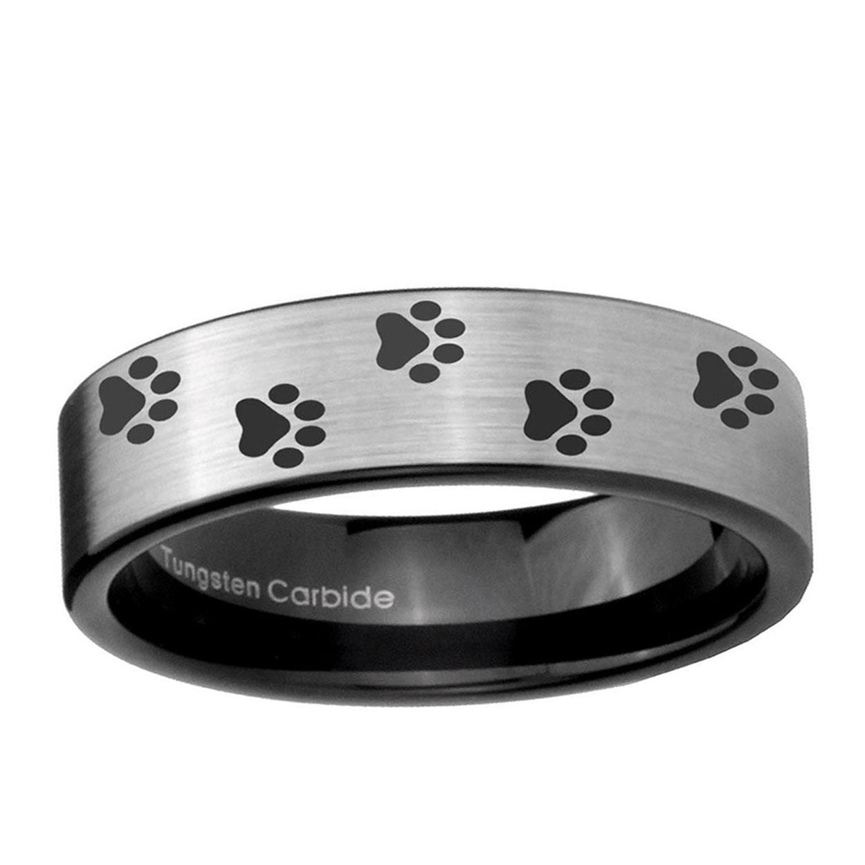 6mm Paw Print Pipe Cut Brushed Silver Tungsten Promised Band