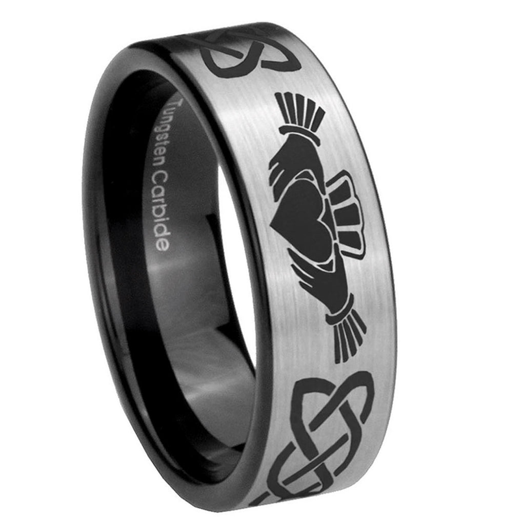 8mm Irish Claddagh Pipe Cut Brushed Silver Tungsten Ring