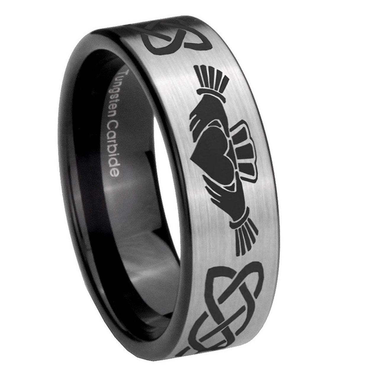 8mm Irish Claddagh Pipe Cut Brushed Silver Tungsten Ring