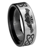 8mm Irish Claddagh Pipe Cut Brushed Silver Tungsten Carbide Mens Anniversary Ring
