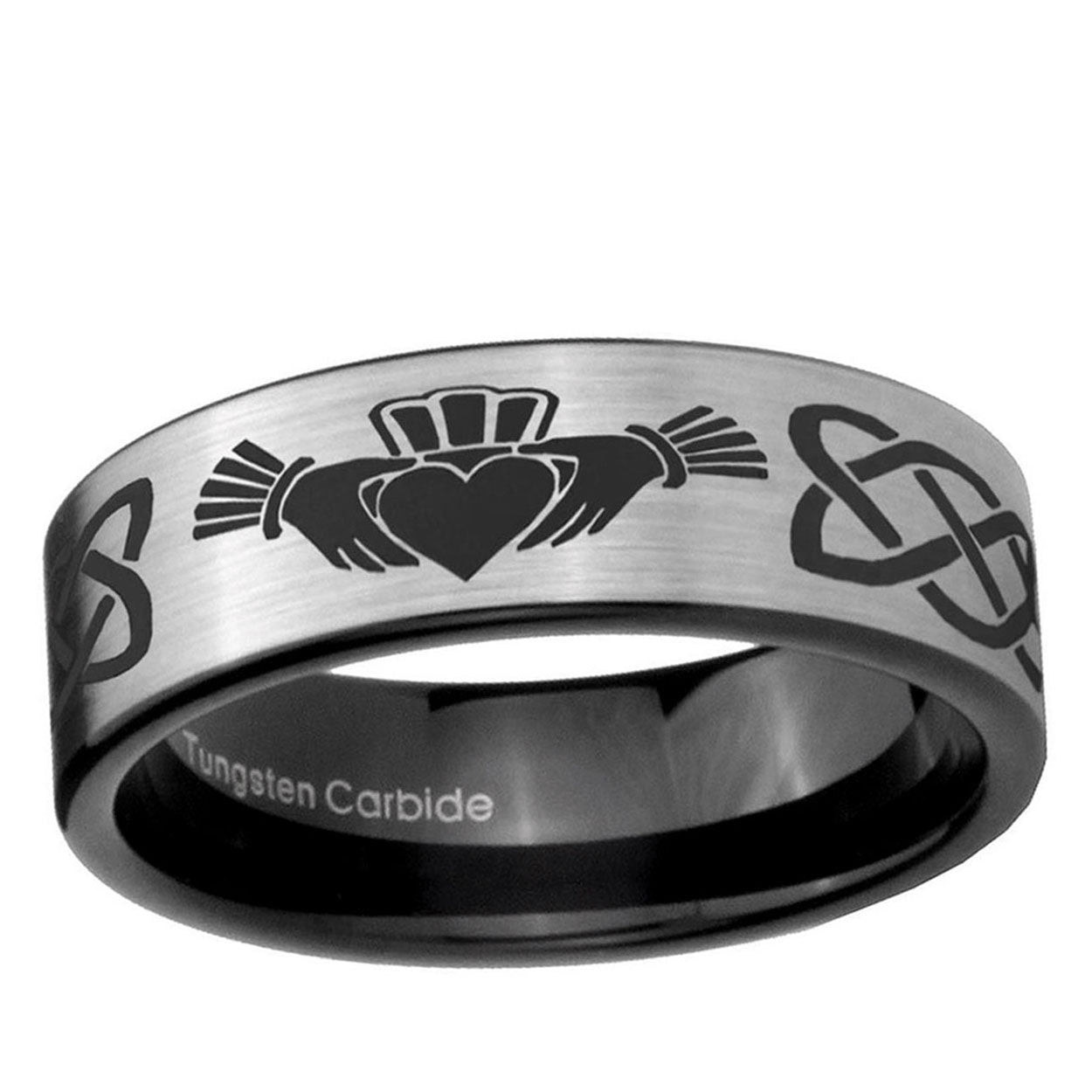 6mm Irish Claddagh Pipe Cut Brushed Silver Tungsten Ring