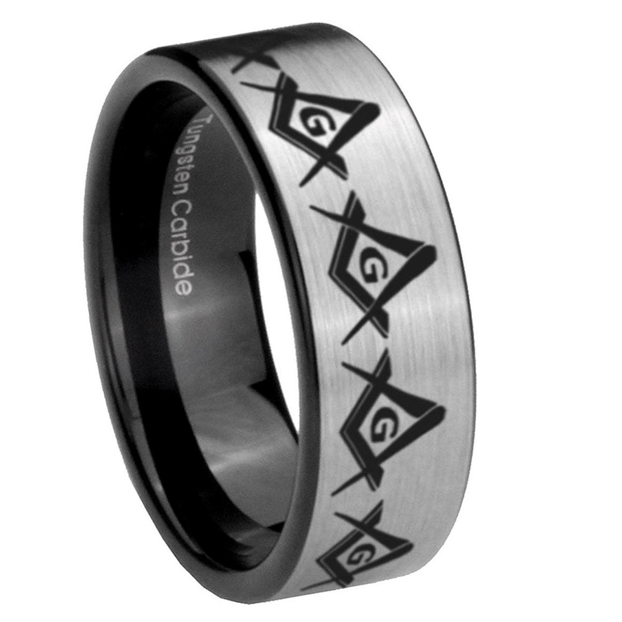 8mm Masonic Square Compass Pipe Cut Silver Tungsten Ring