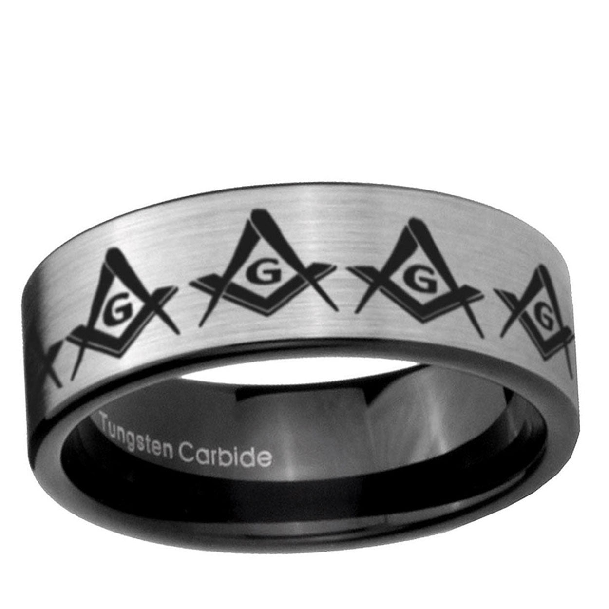 6mm Masonic Square Compass Pipe Cut Silver Tungsten Ring