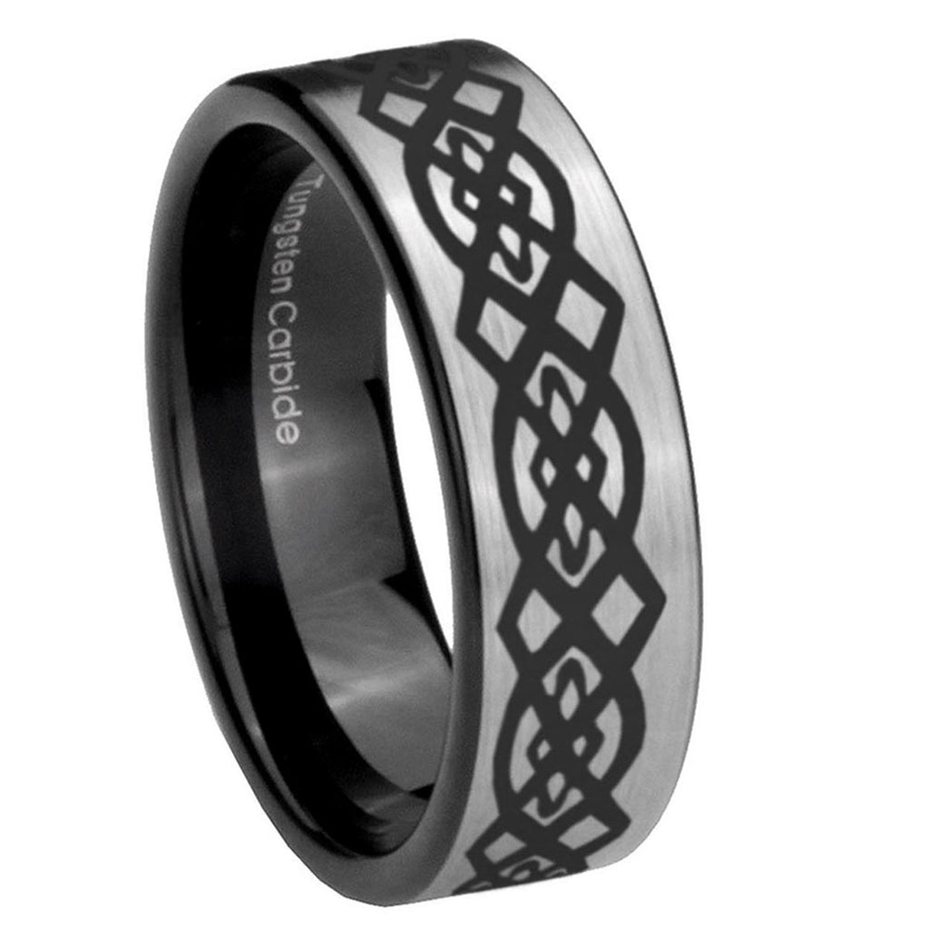 8mm Celtic Knot Pipe Cut Brushed Silver Tungsten Ring