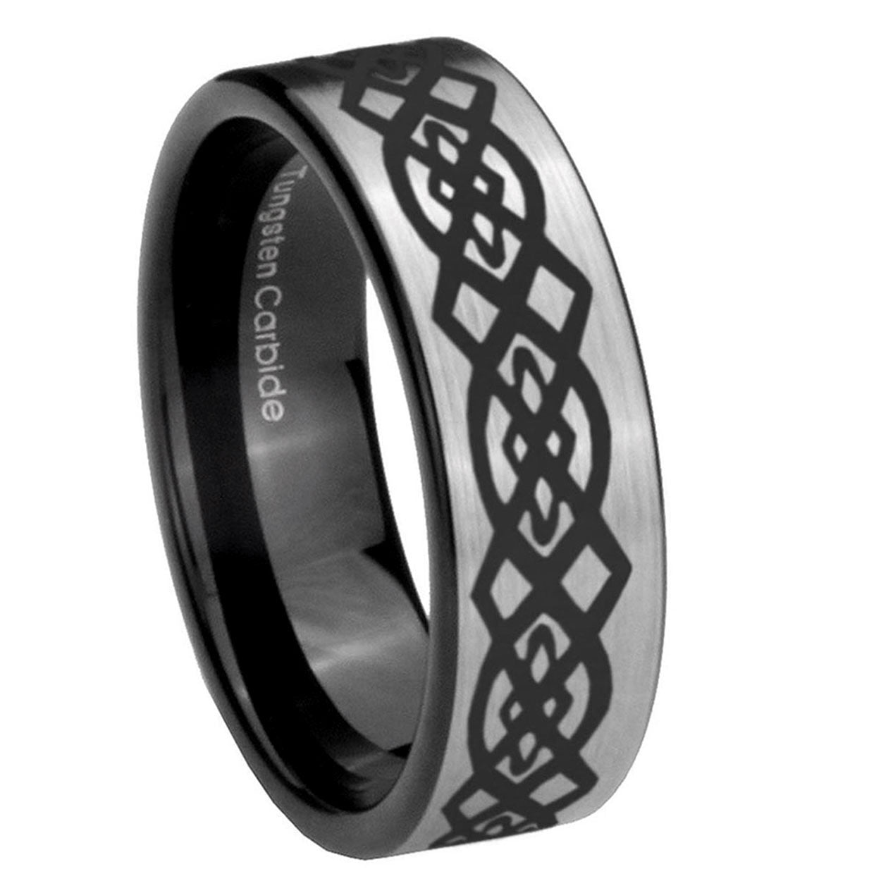 8mm Celtic Knot Pipe Cut Brushed Silver Tungsten Ring