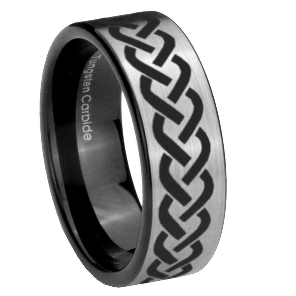 8mm Laser Celtic Knot Pipe Cut Brushed Silver Tungsten Ring