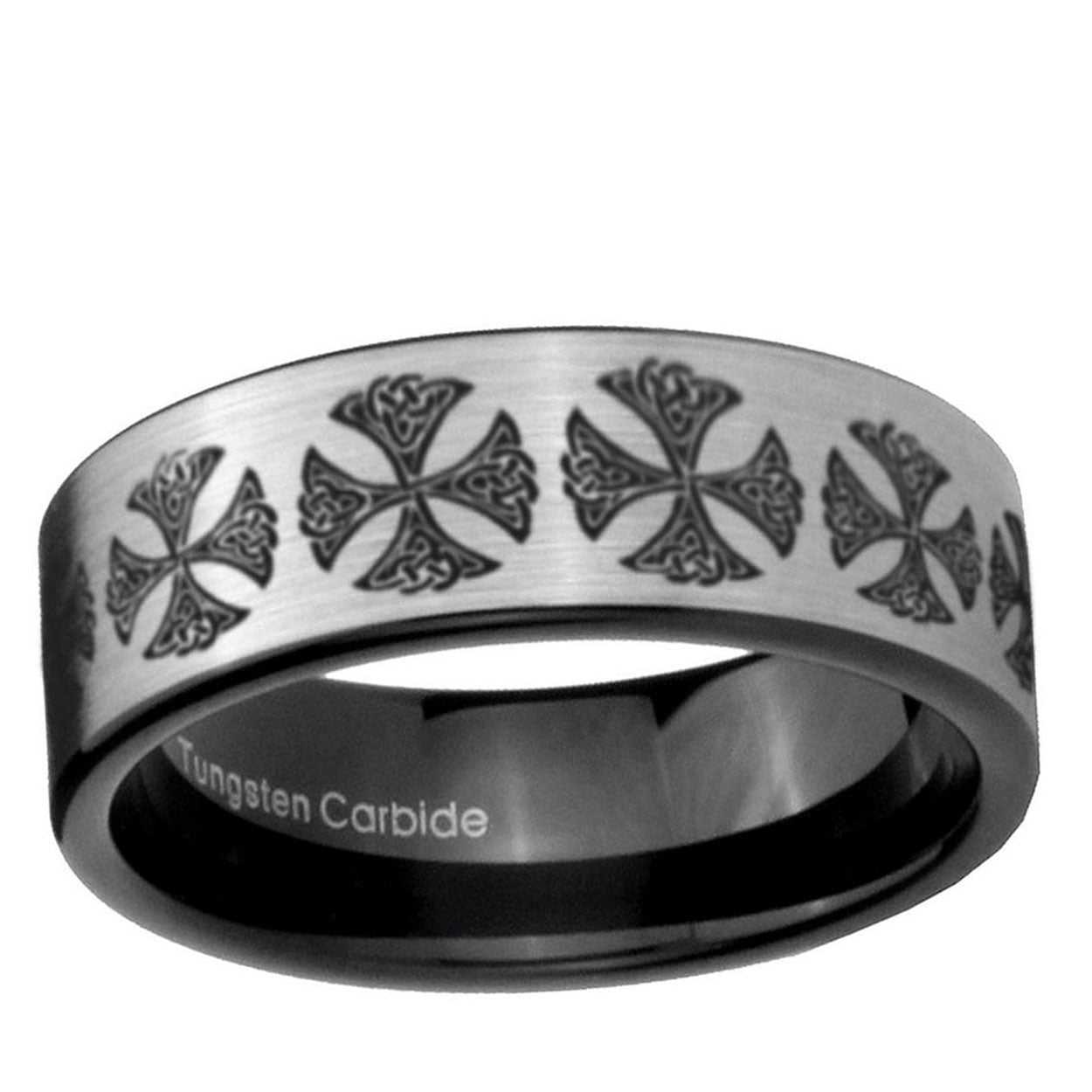 6mm Medieval Cross Pipe Cut Brushed Silver Tungsten Ring