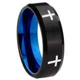 8mm Crosses Beveled Edge Blue and Black Tungsten Carbide Bands Ring