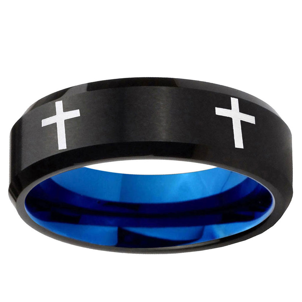 5mm Crosses Two-Tone Beveled Black Blue Tungsten Promised Ring