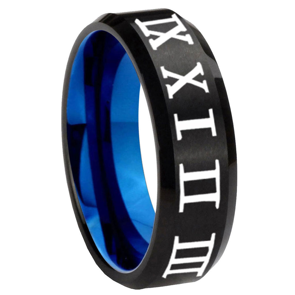 8mm Roman Numeral Two-Tone Beveled Black Blue Tungsten Promised Ring
