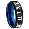 8mm Roman Numeral Two-Tone Beveled Black Blue Tungsten Promised Ring