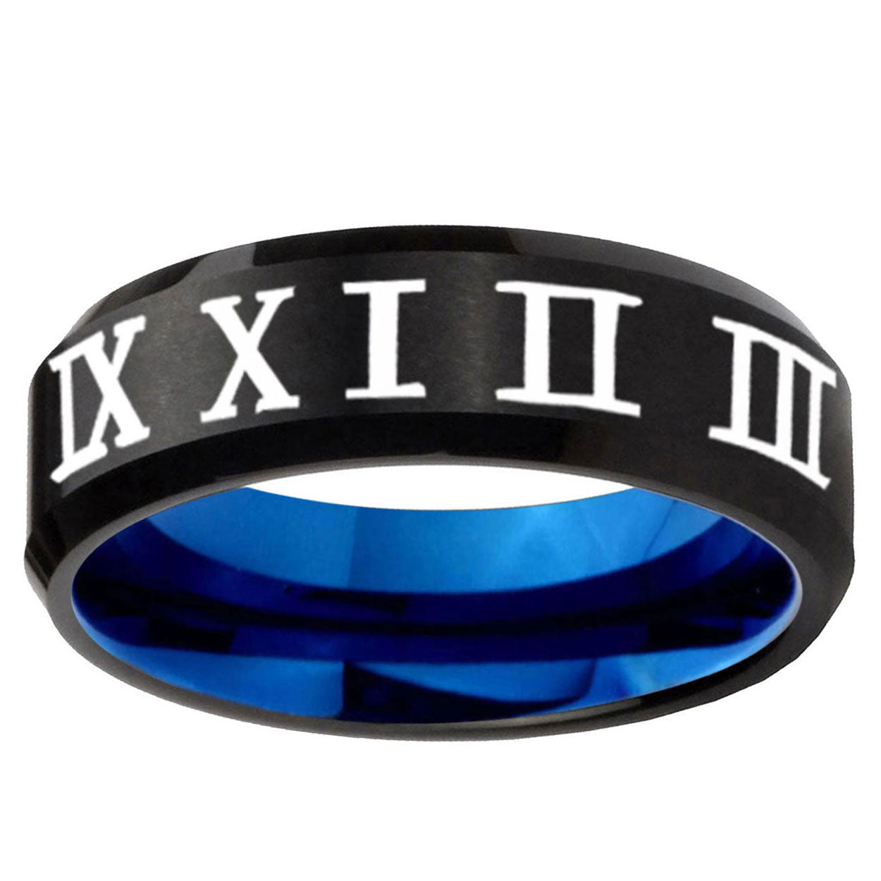 5mm Roman Numeral Two-Tone Beveled Black Blue Tungsten Promised Ring