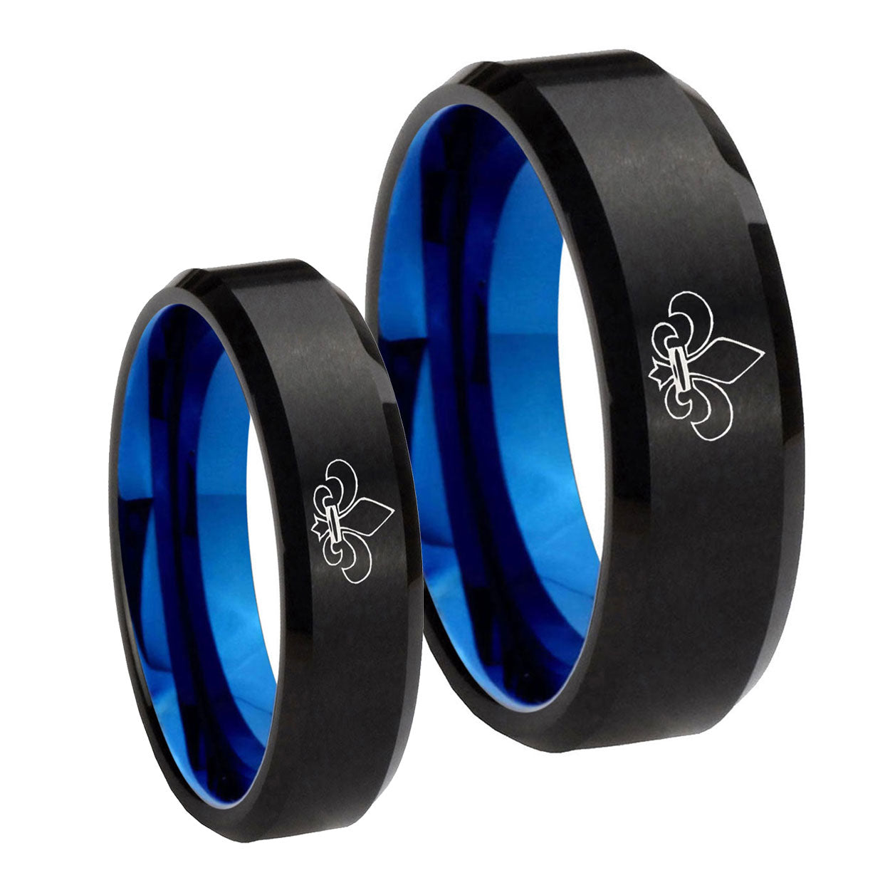 Fleur De Lis Bevel Blue Tungsten Bridal Set Ring
