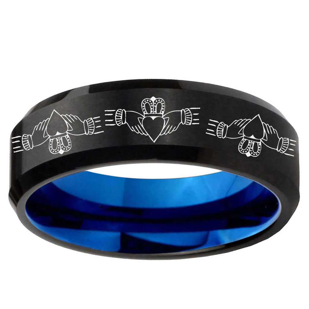 5mm Irish Claddagh Two-Tone Beveled Black Blue Tungsten Promised Ring