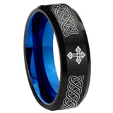 8mm Celtic Cross Beveled Edge Blue and Black Tungsten Carbide Men Ring