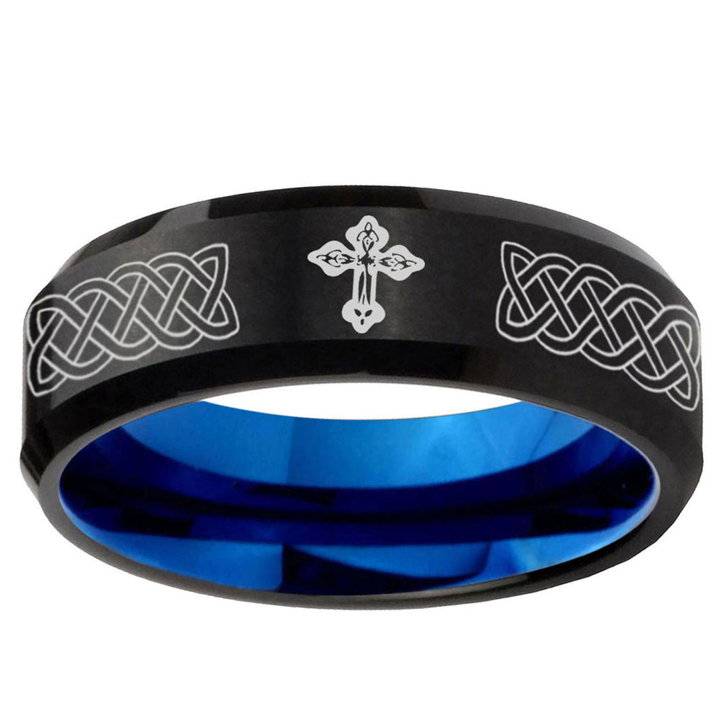5mm Celtic Cross Two-Tone Beveled Black Blue Tungsten Promised Ring