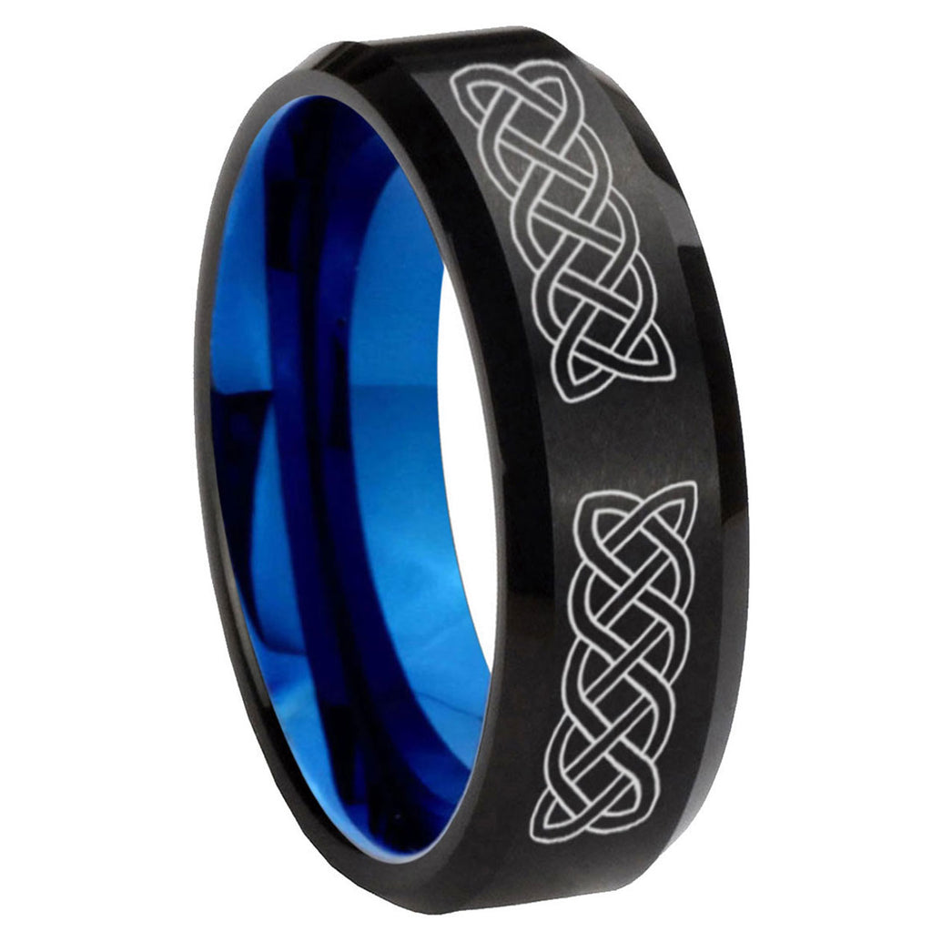 8mm Celtic knot Two-Tone Beveled Black Blue Tungsten Promised Ring
