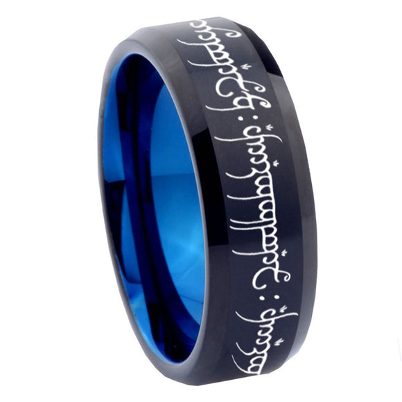 8mm Lord Of The Rings Beveled Edge Blue Black Tungsten Rings
