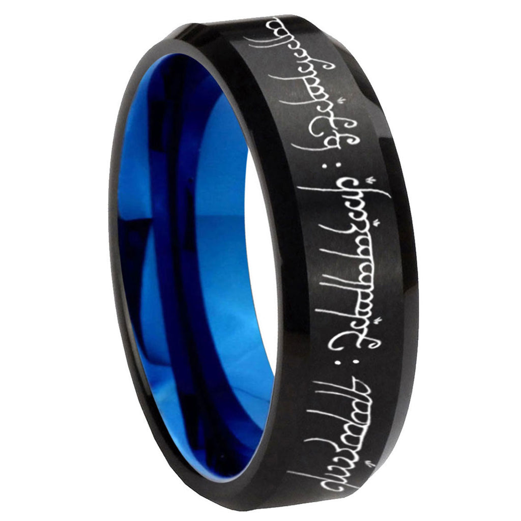 8mm Lord Of The Rings Two-Tone Beveled Black Blue Tungsten Promised Ring