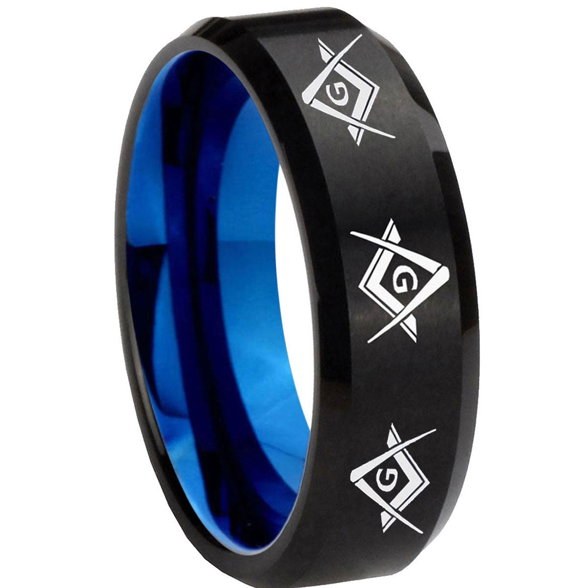 8mm Master Masonic Two-Tone Beveled Black Blue Tungsten Promised Ring