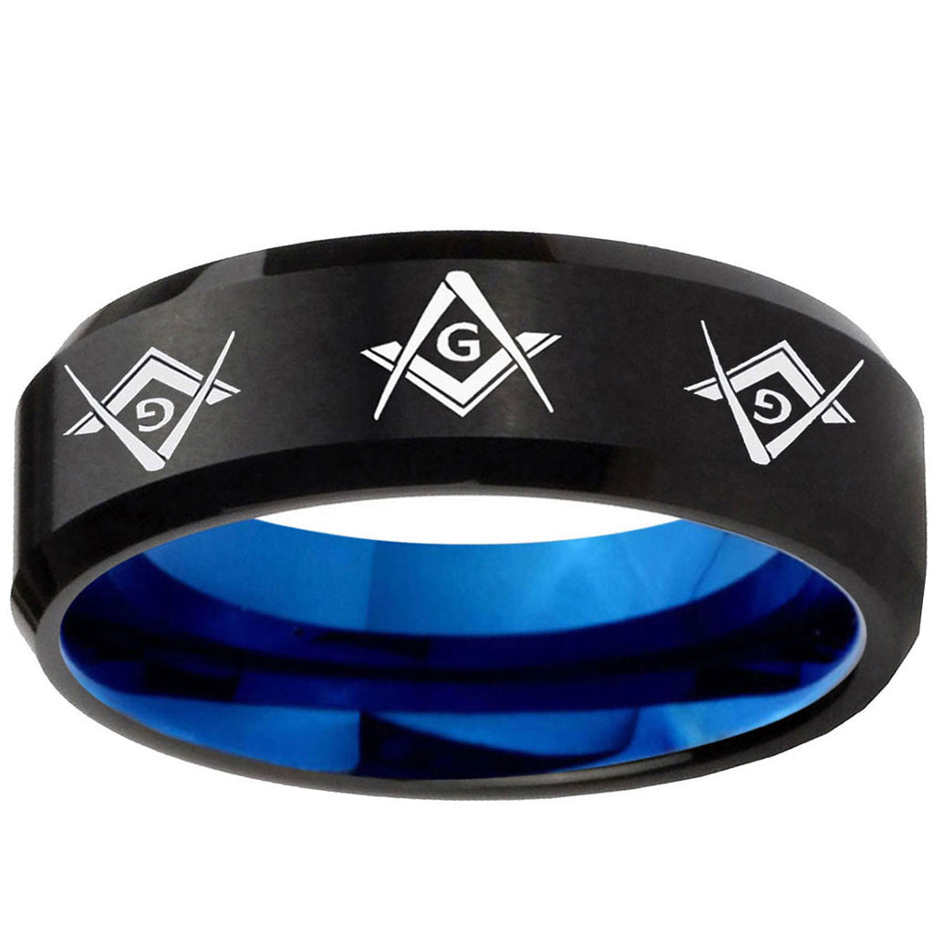 5mm Master Masonic Two-Tone Beveled Black Blue Tungsten Promised Ring