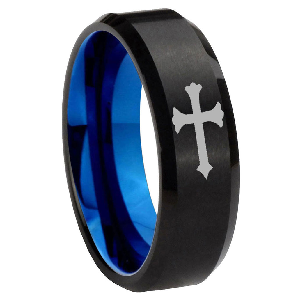 8mm Christian Cross Two-Tone Beveled Black Blue Tungsten Promised Ring