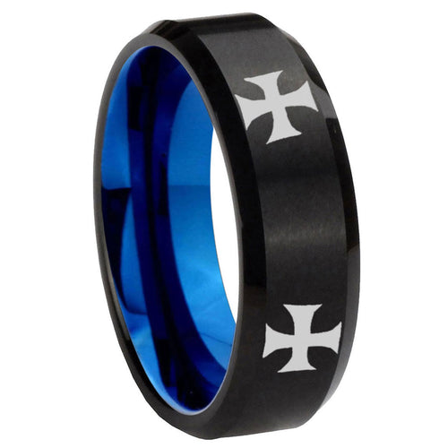8mm 4 Maltese Cross Two-Tone Beveled Black Blue Tungsten Promised Ring