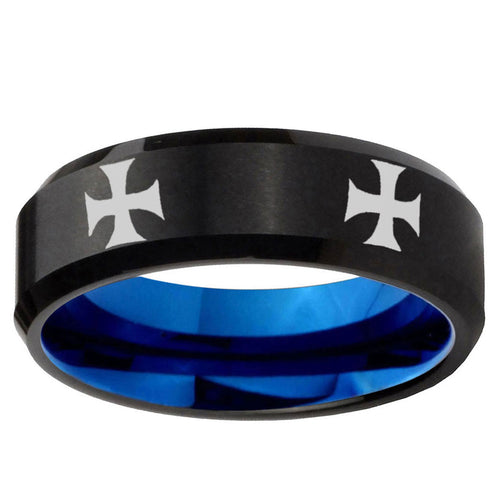 5mm 4 Maltese Cross Two-Tone Beveled Black Blue Tungsten Promised Ring