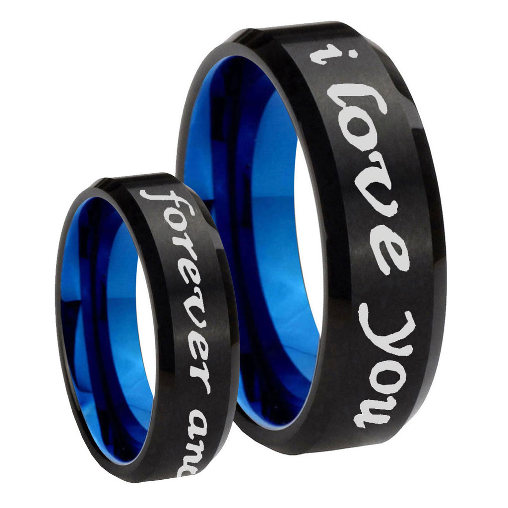 8mm I Love You Forever and ever Two-Tone Beveled Black Blue Tungsten Promised Ring