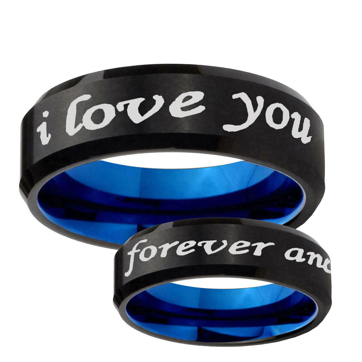 5mm I Love You Forever and ever Two-Tone Beveled Black Blue Tungsten Promised Ring
