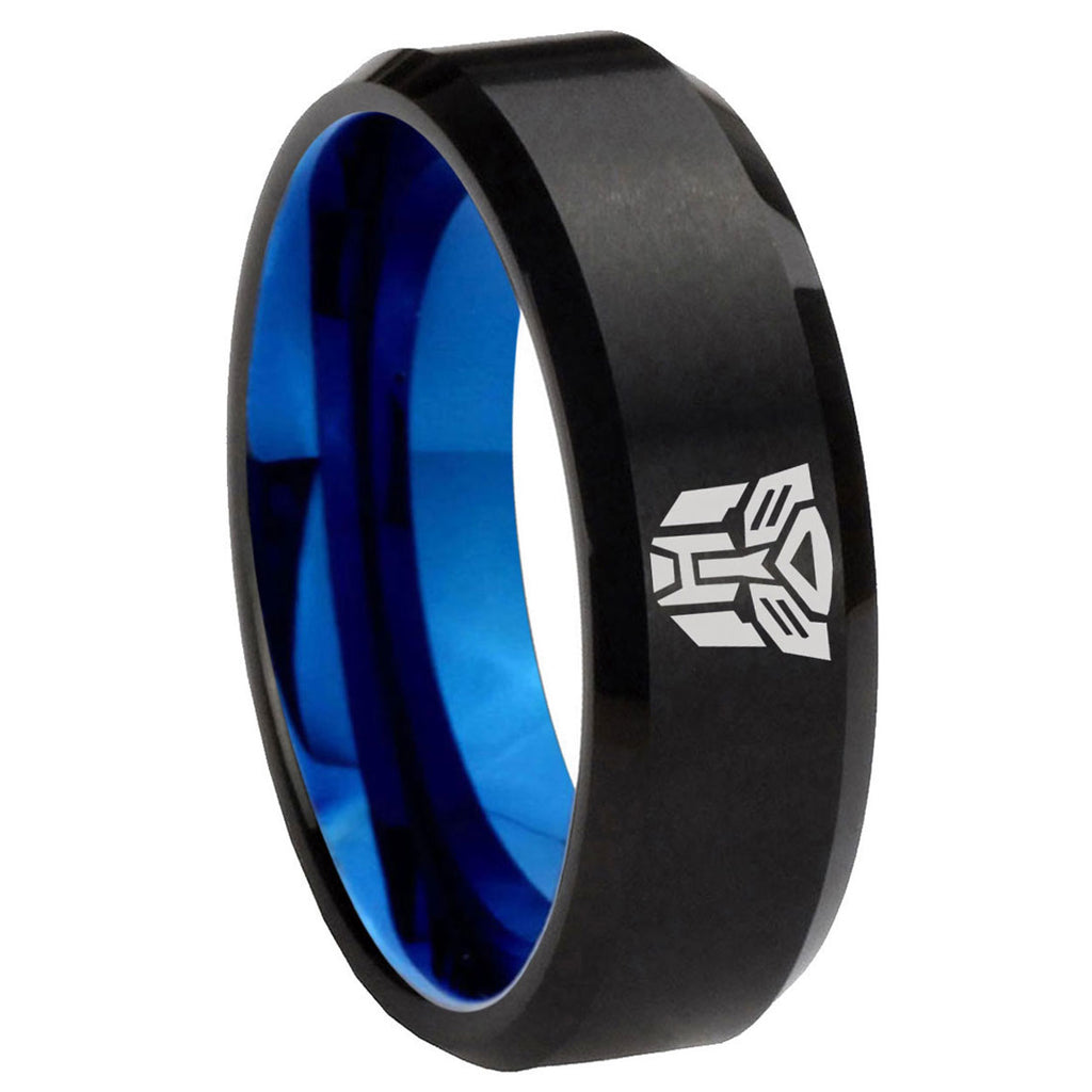 8mm Transformers Autobot Two-Tone Beveled Black Blue Tungsten Promised Ring