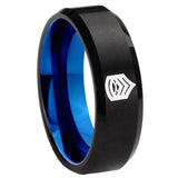 8mm Army Sergeant Major Beveled Edge Blue and Black Tungsten Engraved Ring