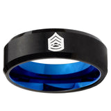 5mm Army Sergeant Major Beveled Edge Blue and Black Tungsten Engraved Ring